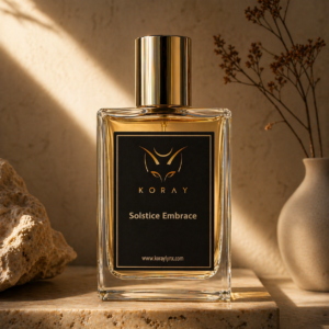 Solstice Embrace fragrance bottle displayed in warm golden light with soft fabric backdrop